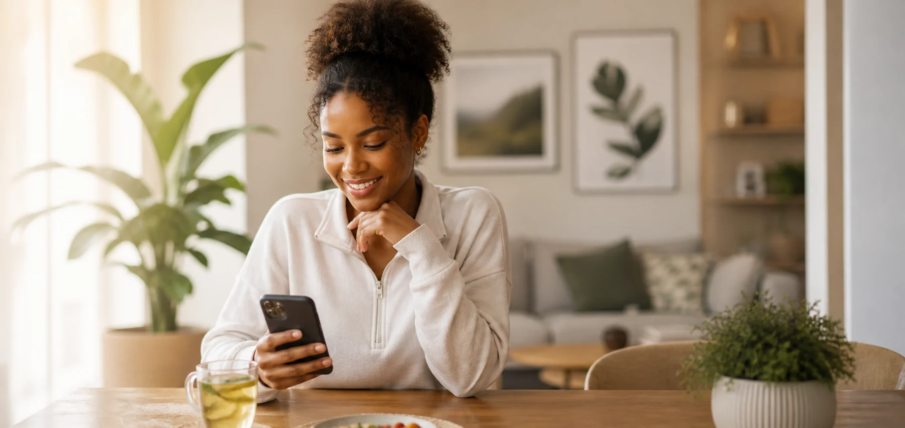 Adult woman using a phone in a warm home setting for private online care