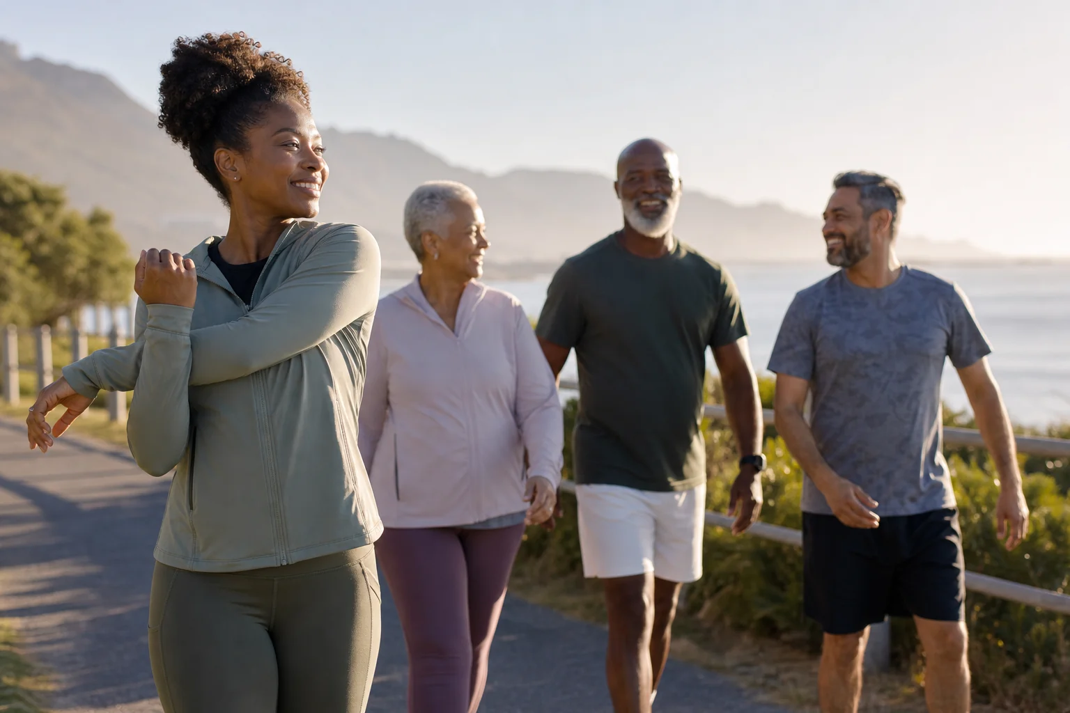 Diverse adults walking outdoors as part of a wellbeing routine