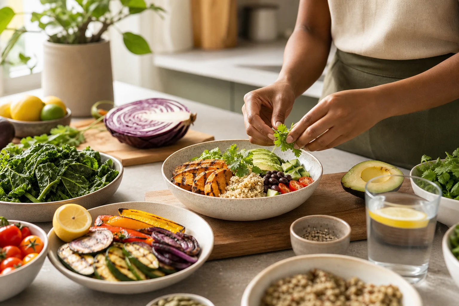 Colourful healthy food being prepared on a kitchen counter