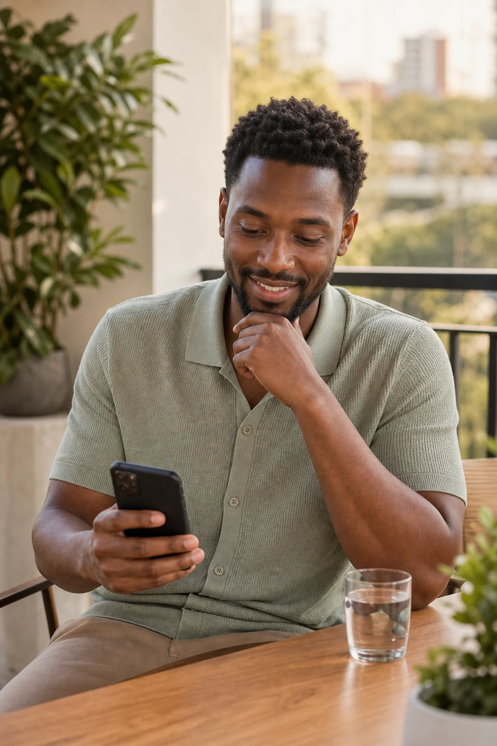 Adult man at home using a phone in a calm private-care moment